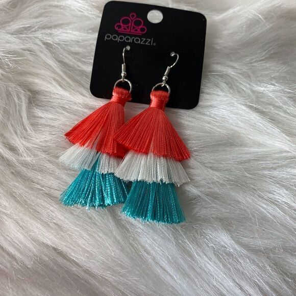 Hot Pink, White and Turquoise Tassel Earrings - Picture 1 of 2